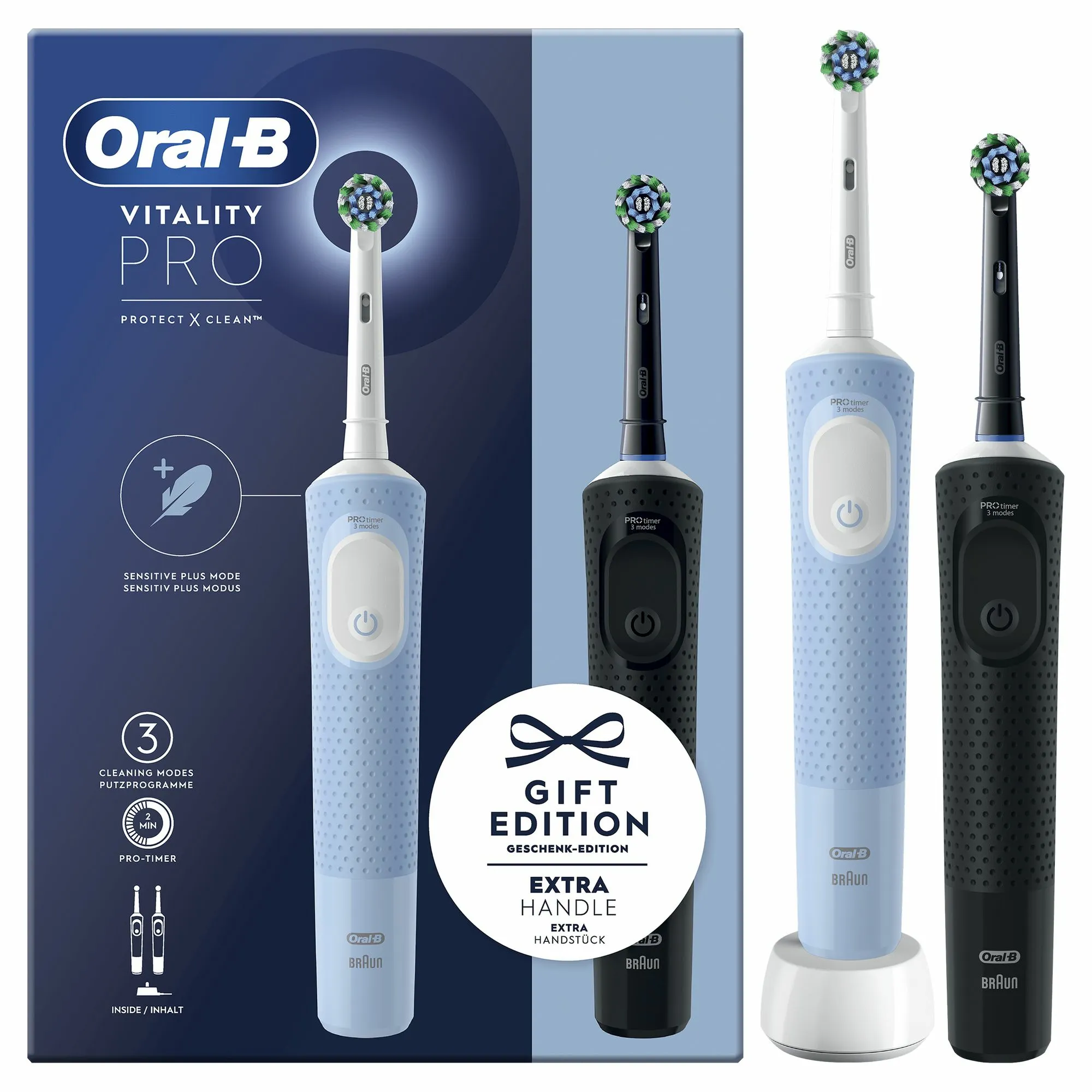 Oral-B Vitality Pro Duo -sähköhammasharja, 2 kpl, musta/sininen/valkoinen