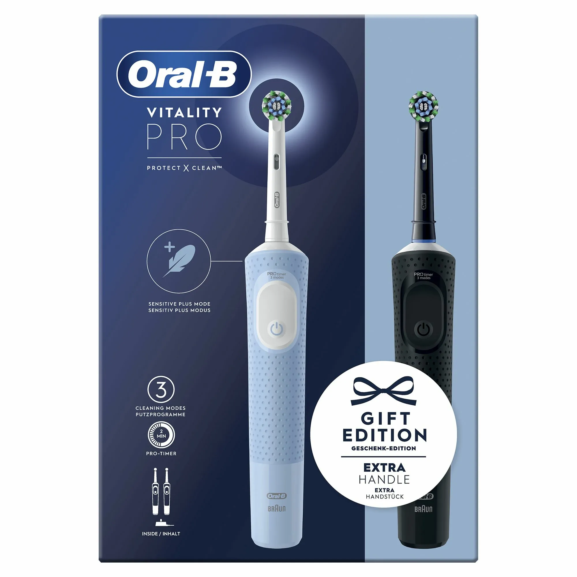 Oral-B Vitality Pro Duo -sähköhammasharja, 2 kpl, musta/sininen/valkoinen