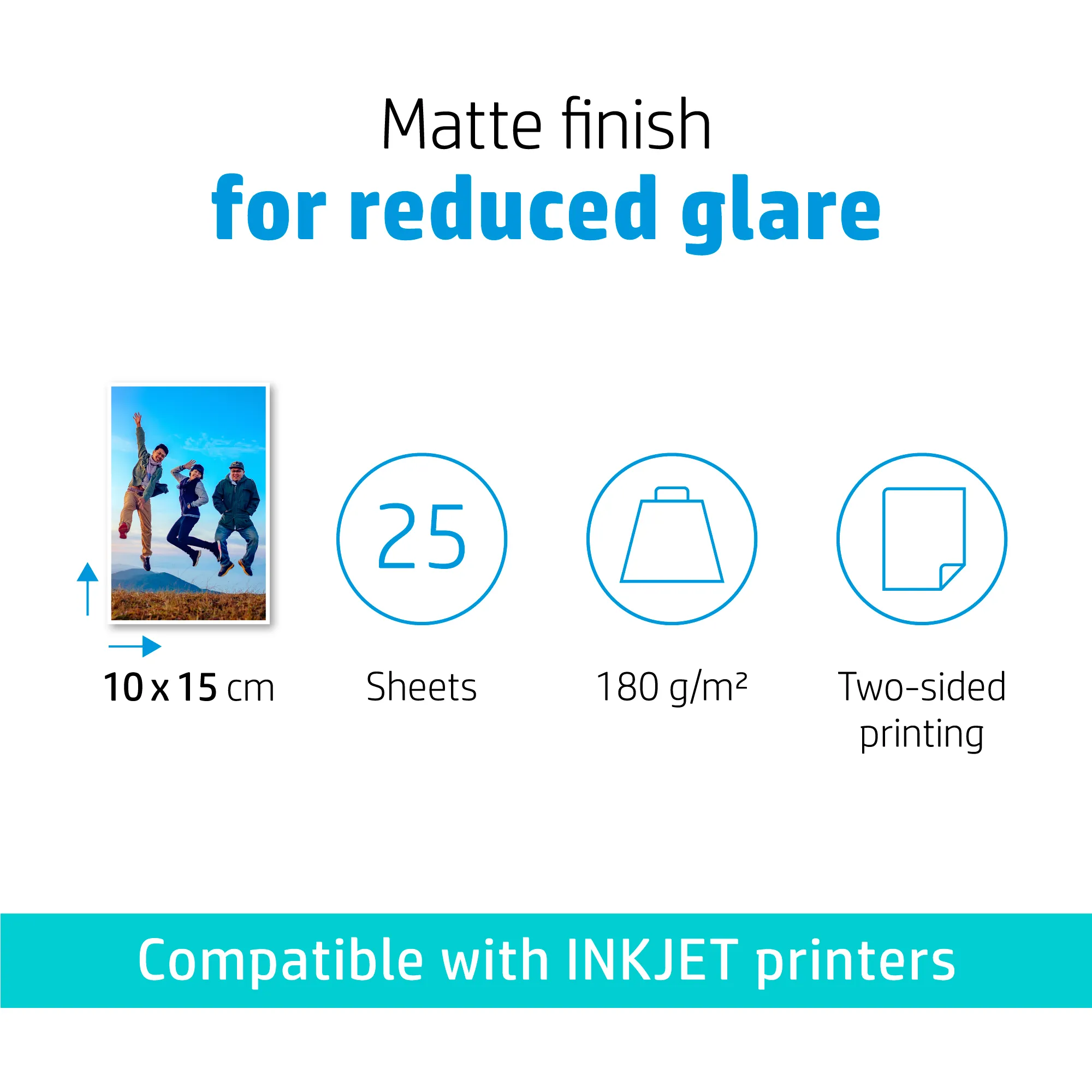 HP - Matta - 8,8 mm - 100 x 150 mm - 180 g/m&sup2; - 25 arkki (arkit) valokuvapaperi malleihin Smart Tank 500