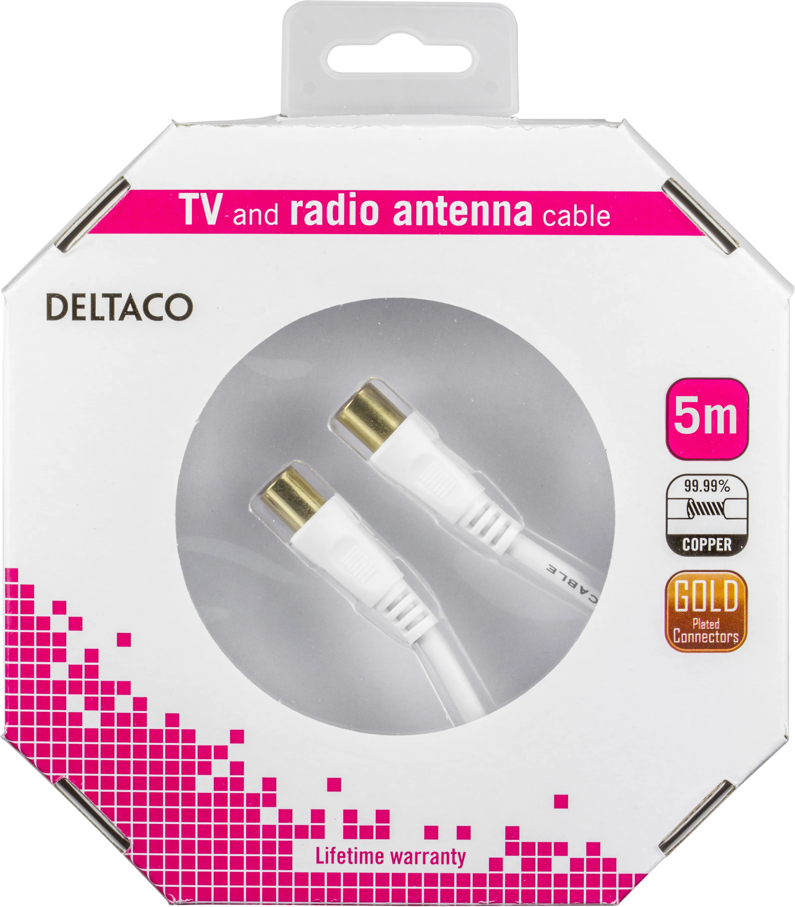 DELTACO antennikaap., 75 Ohm, ferriittiyt., kull. liitt., 5 m, valk.