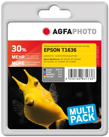 AGFAPHOTO APET163SETD (T1636) -mustekasettipakkaus, musta/syaani/magenta/keltainen, 4 kpl