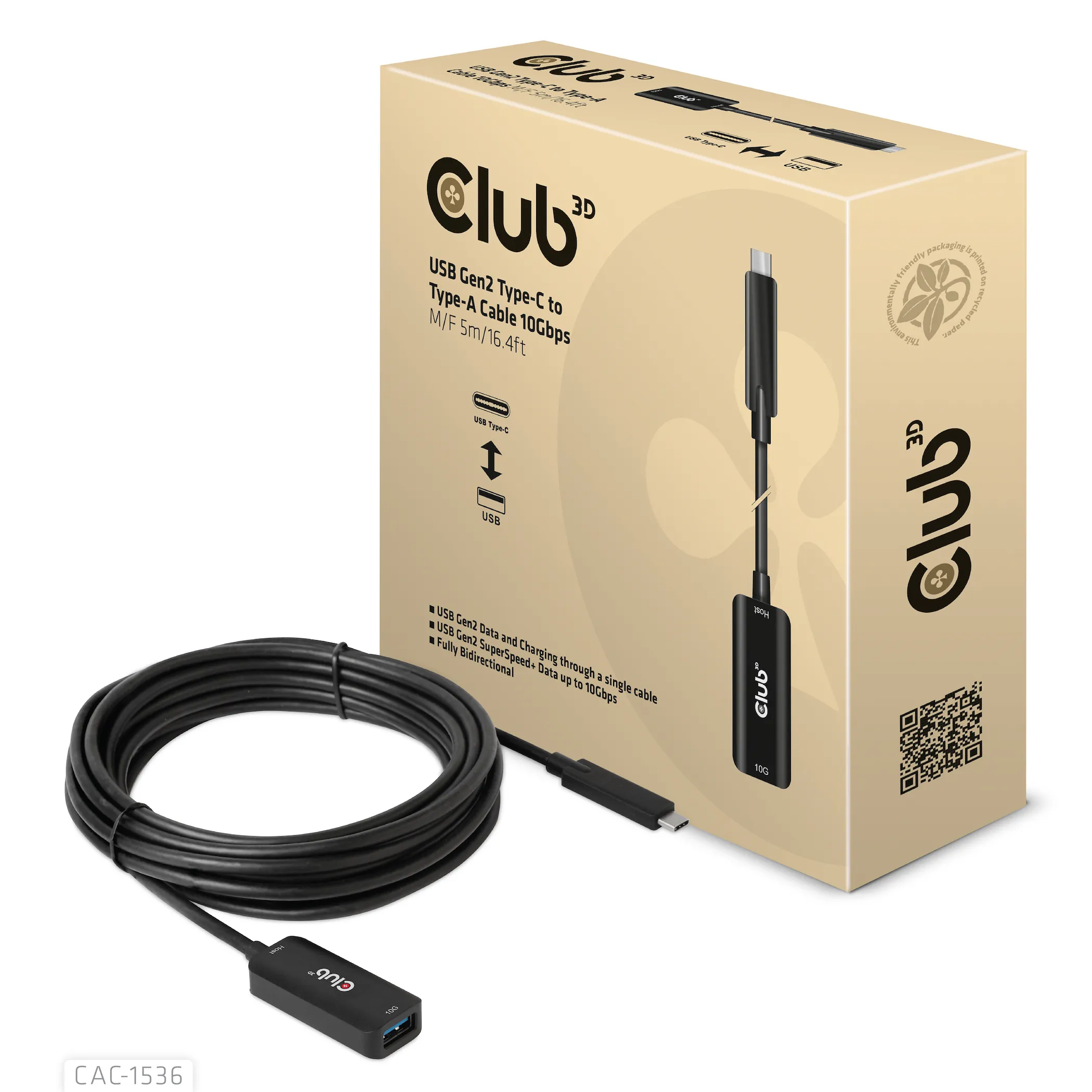 Club 3D 3.2 Gen2 USB-C - USB-A, 10Gbps, male-female - extension cable, Black, 5m