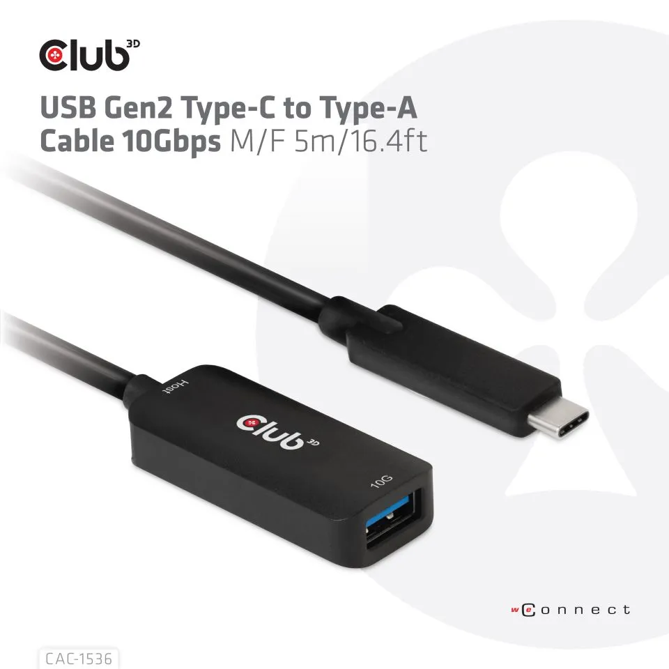 Club 3D 3.2 Gen2 USB-C - USB-A, 10Gbps, male-female - extension cable, Black, 5m