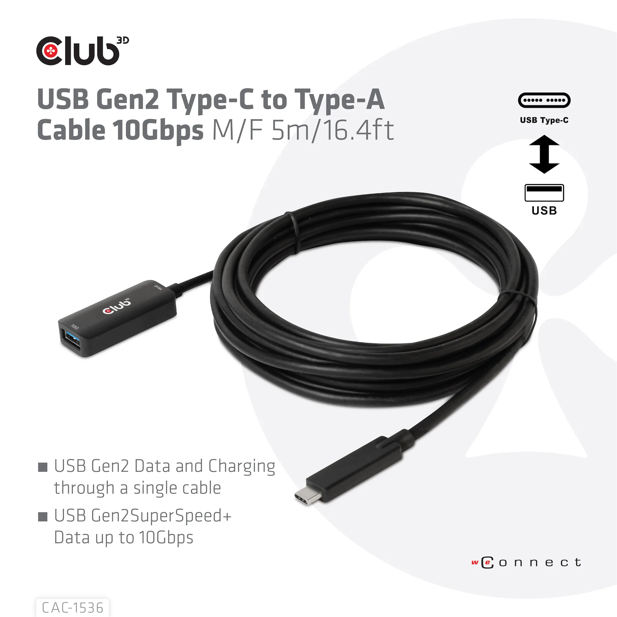 Club 3D 3.2 Gen2 USB-C - USB-A, 10Gbps, male-female - extension cable, Black, 5m