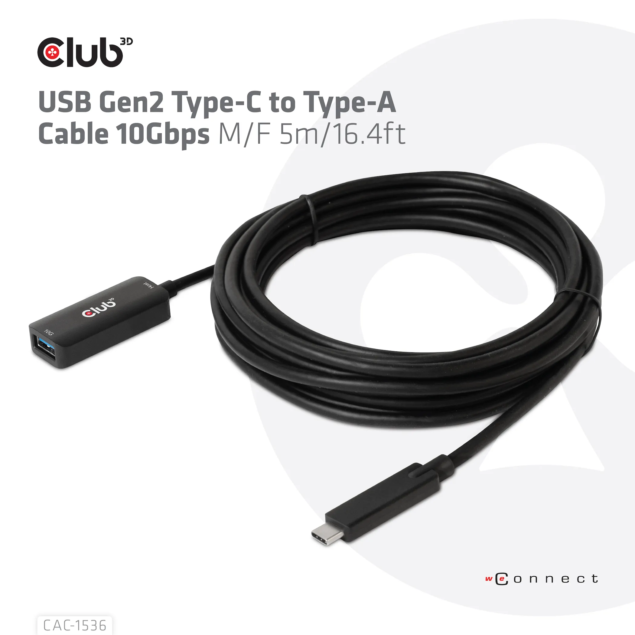 Club 3D 3.2 Gen2 USB-C - USB-A, 10Gbps, male-female - extension cable, Black, 5m