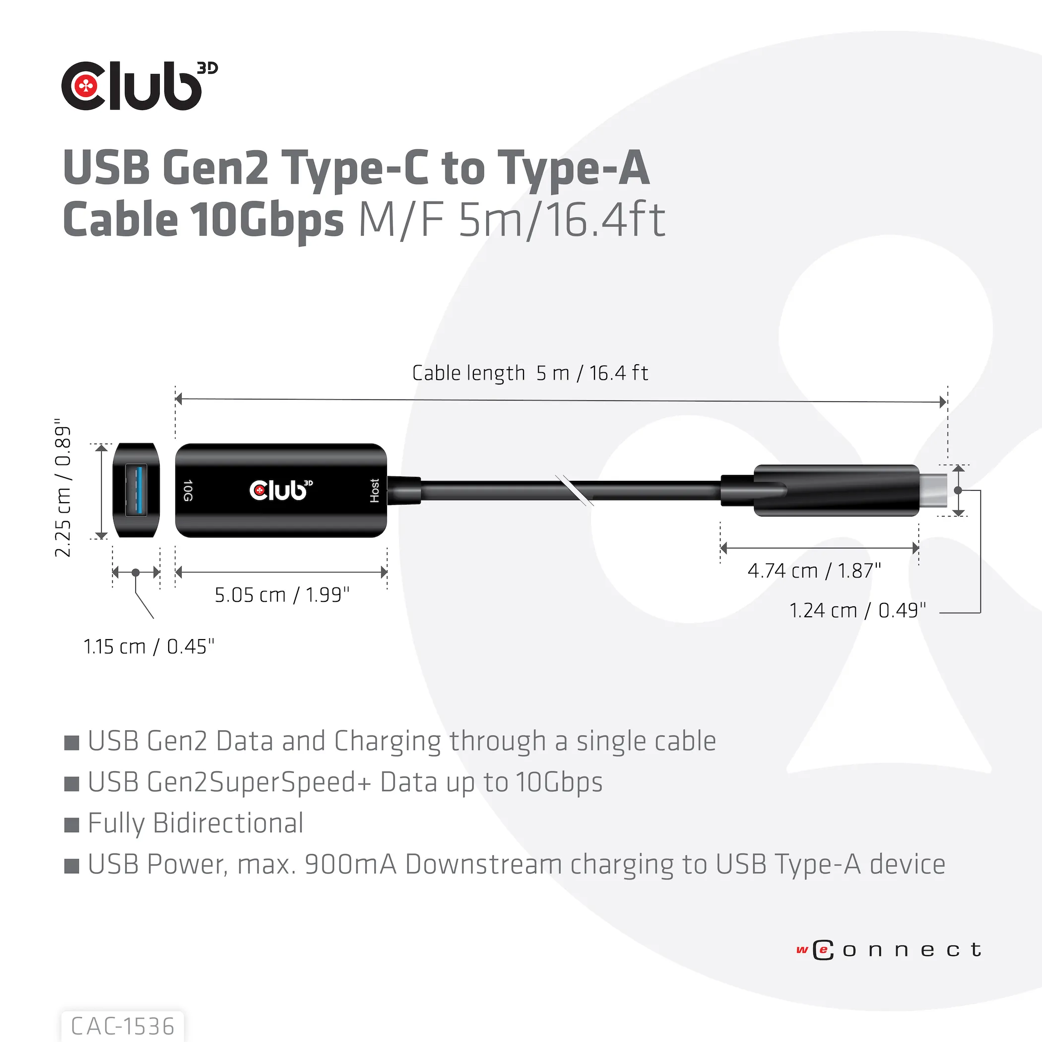 Club 3D 3.2 Gen2 USB-C - USB-A, 10Gbps, male-female - extension cable, Black, 5m