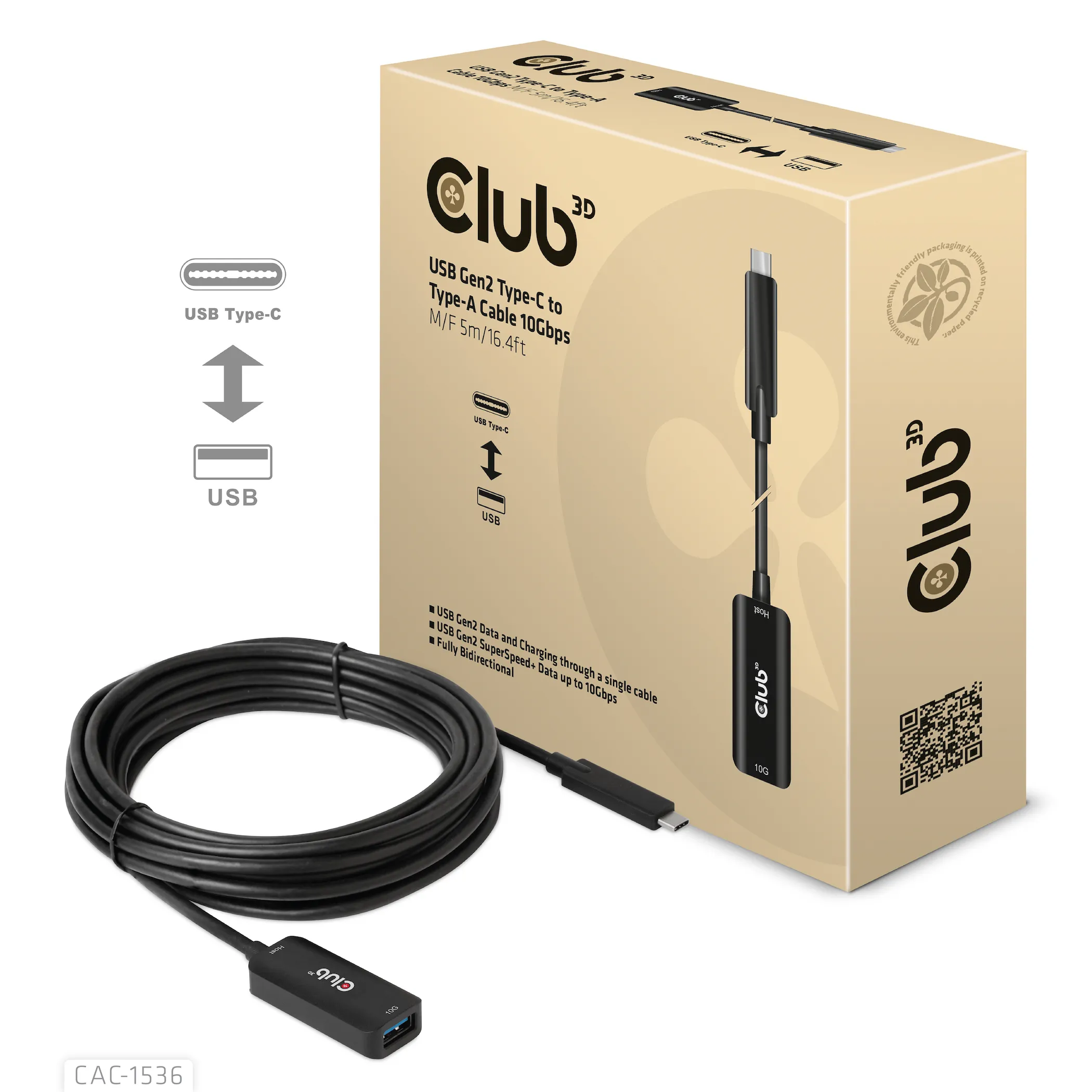 Club 3D 3.2 Gen2 USB-C - USB-A, 10Gbps, male-female - extension cable, Black, 5m