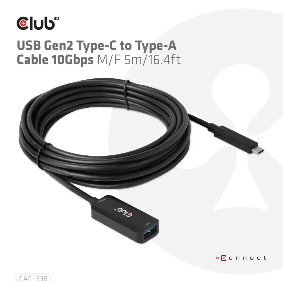 Club 3D 3.2 Gen2 USB-C - USB-A, 10Gbps, male-female - extension cable, Black, 5m