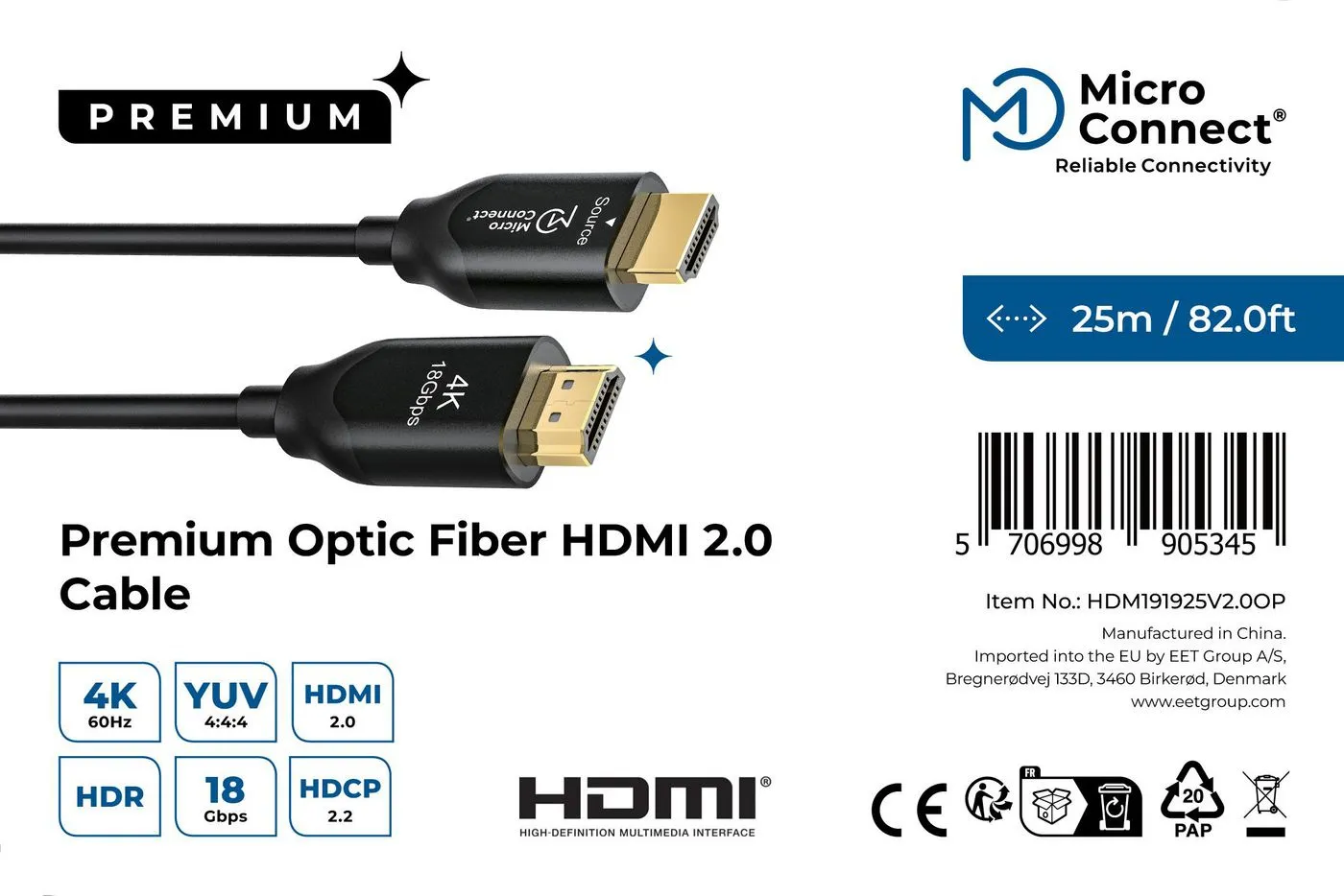MicroConnect Aktiivinen HDMI 2.0 -kaapeli, jossa Ethernet, 25 m, musta