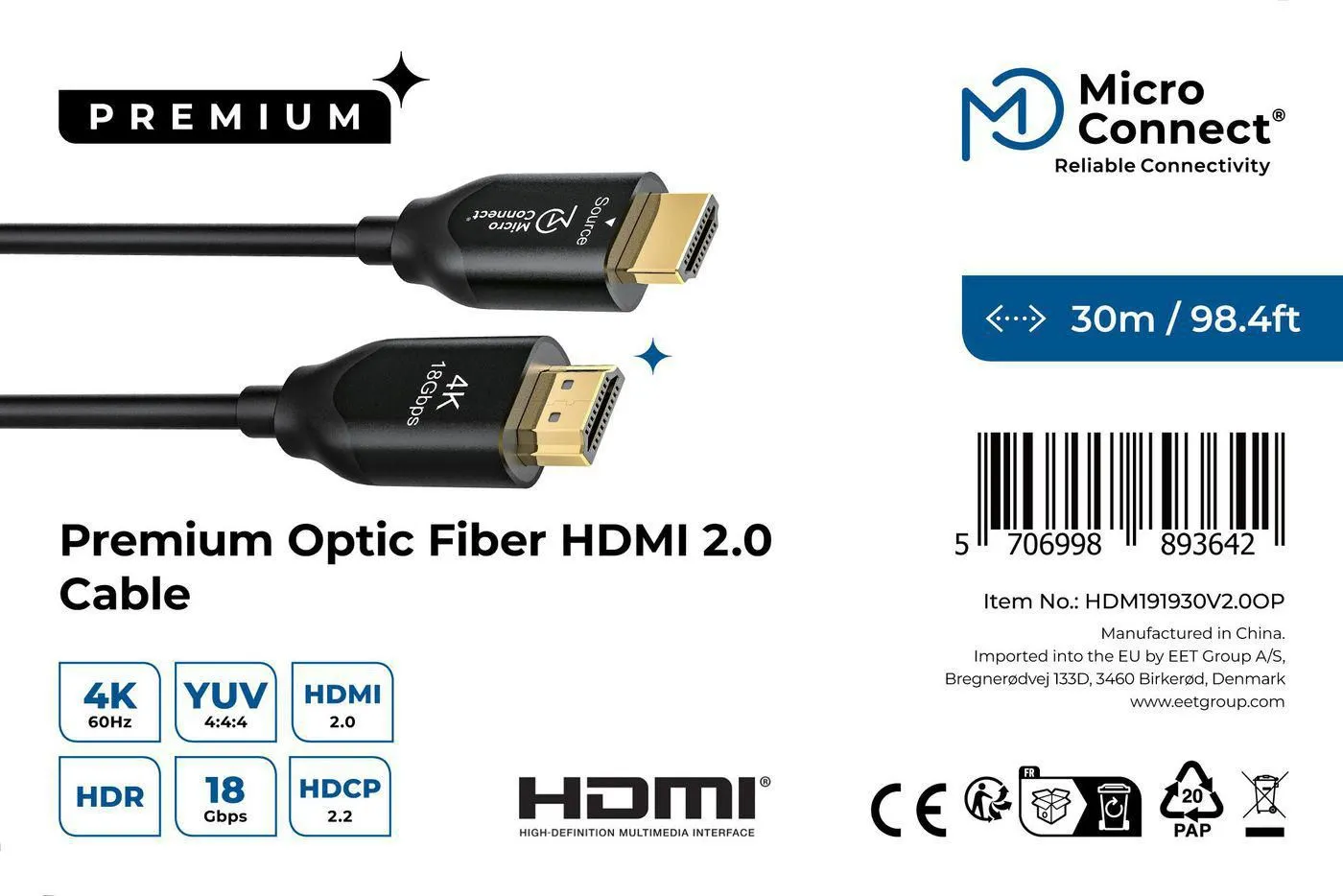 MicroConnect Aktiv HDMI 2.0 kabel, med Ethernet, 25 m, svart