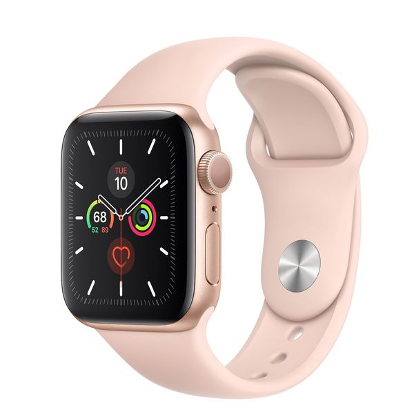 Apple Watch Series 5 GPS, 40 mm kullanv&auml;rinen alumiinikuori ja hietaroosa urheiluranneke