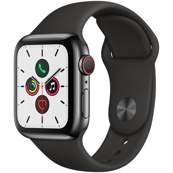 Apple Watch Series 5 GPS + Cellular, 40 mm t&auml;htimusta ruostumaton ter&auml;skuori ja musta urheiluranneke