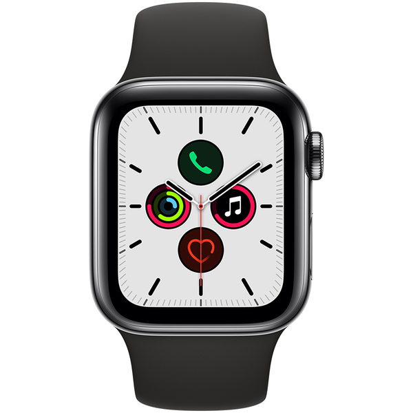 Apple Watch Series 5 GPS + Cellular, 40 mm t&auml;htimusta ruostumaton ter&auml;skuori ja musta urheiluranneke