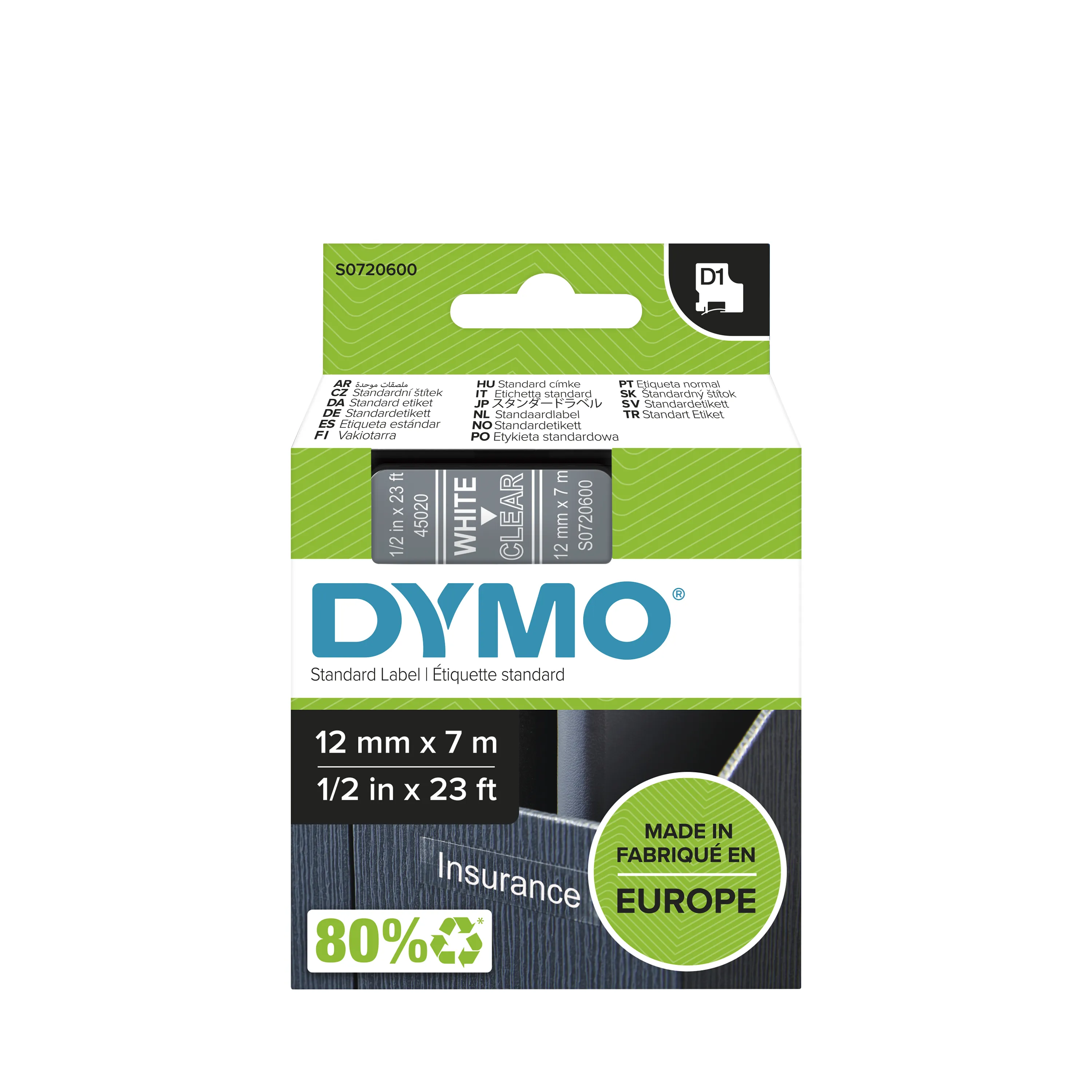 DYMO D1 m&auml;rktejp standard 12mm, vit p&aring; klar, 7m rulle