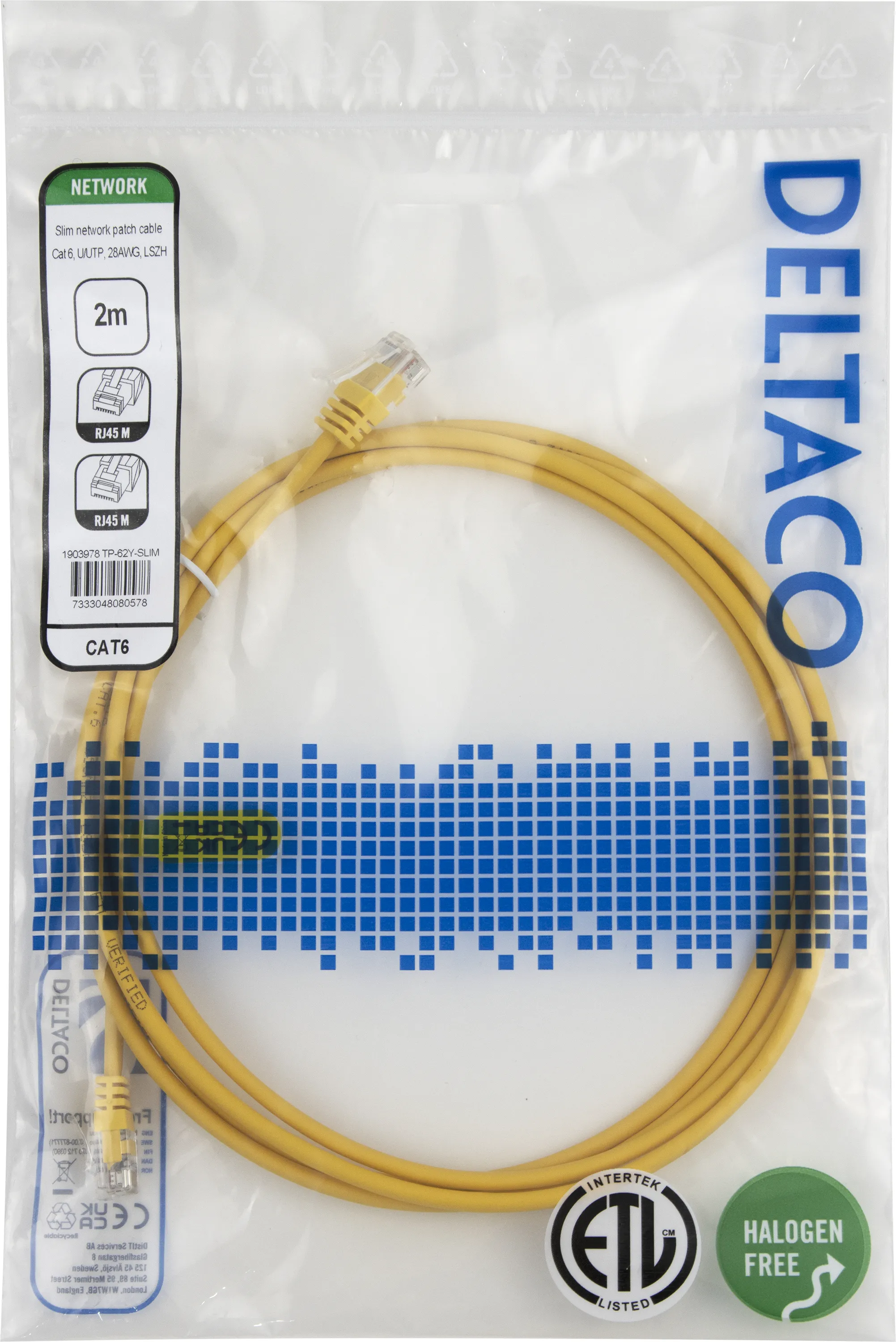 Deltaco Cat6 UTP RJ45 2m n&auml;tverkskabel, gul