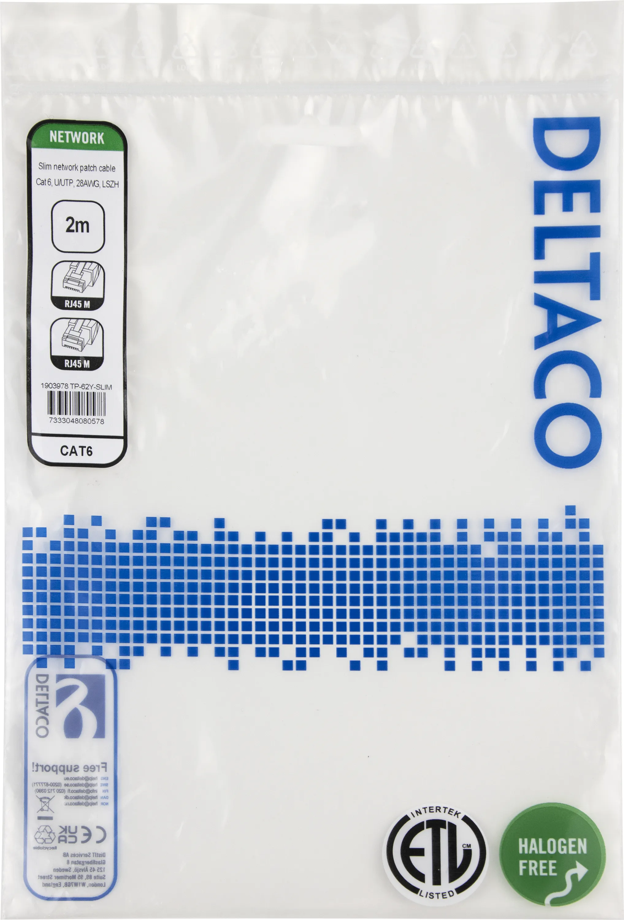 Deltaco Cat6 UTP RJ45 2m n&auml;tverkskabel, gul