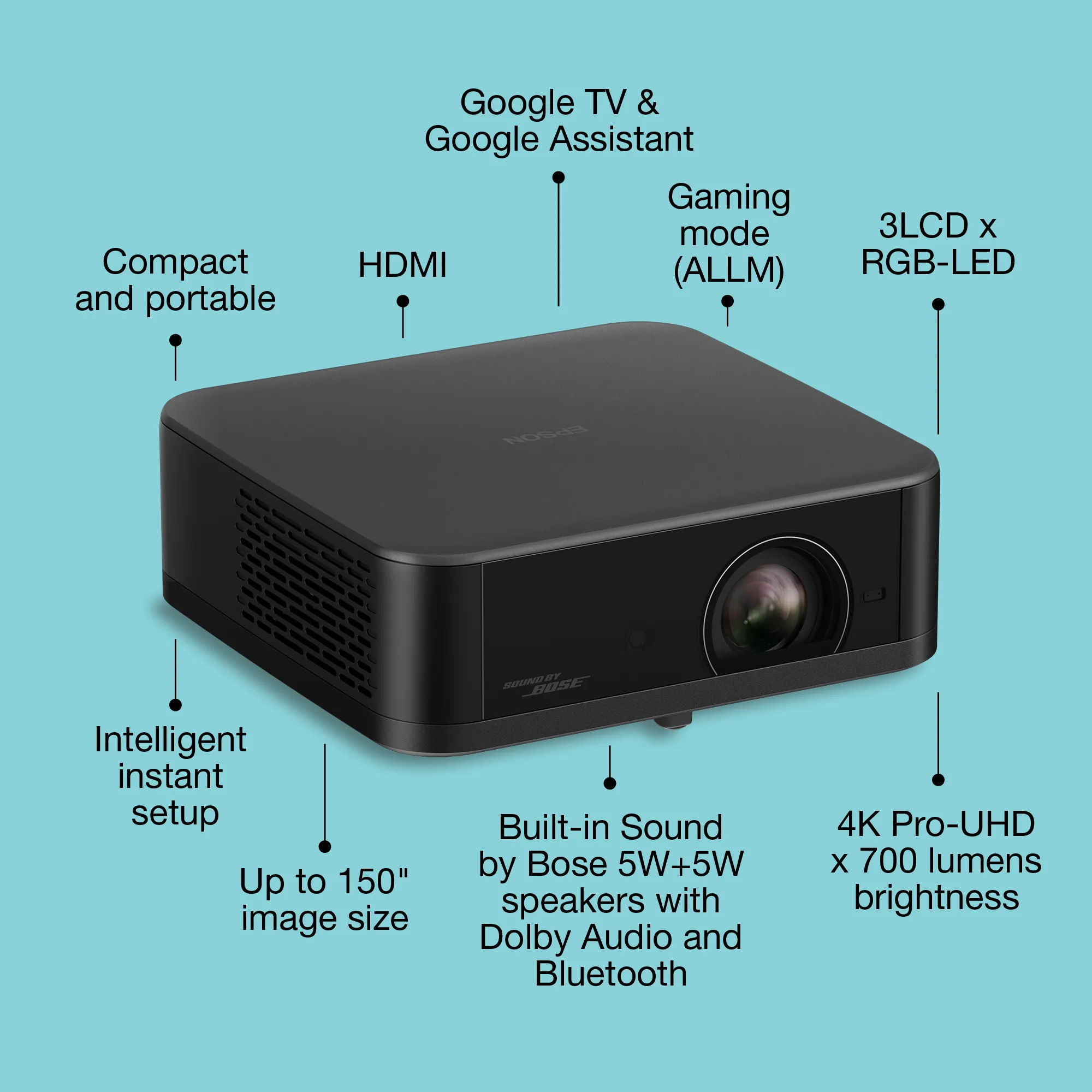 Epson Lifestudio Pop EF-62B Google TV 3LCD 4K PRO-UHD 700 ANSI lm Portable LED Projector, Metallic Black