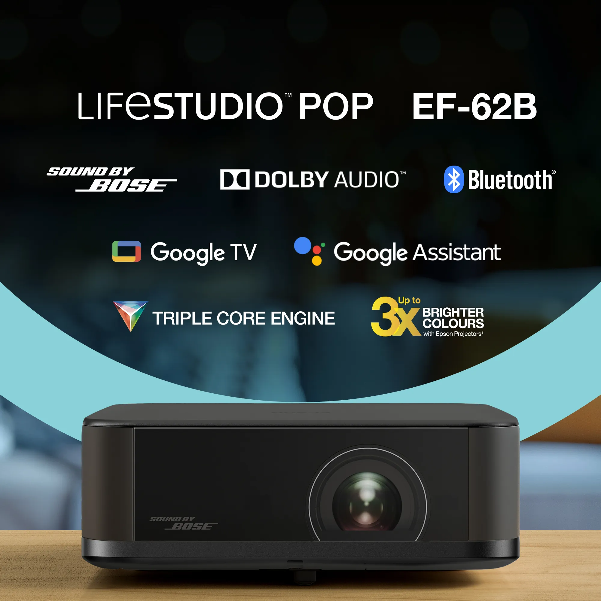 Epson Lifestudio Pop EF-62B Google TV 3LCD 4K PRO-UHD 700 ANSI lm Portable LED Projector, Metallic Black