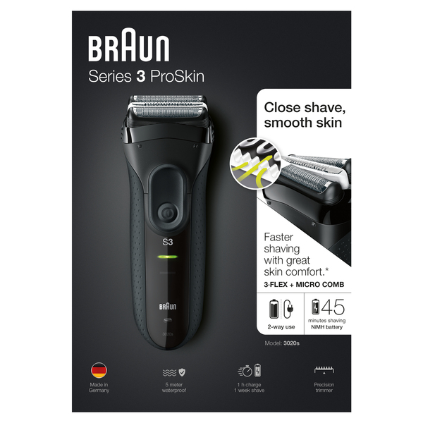 BRAUN PARRANAJOKONE 3020s ProSkin SERIES-3 Maailman myydyin partakonesarja. Uusi suorituskykyisempi ajop&auml;&auml; MICROCOMB! Tyylik&auml;s muotoilu pit&auml;v&auml;ll&auml; k&auml;densijalla,