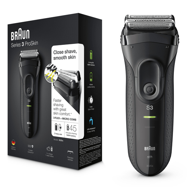 BRAUN PARRANAJOKONE 3020s ProSkin SERIES-3 Maailman myydyin partakonesarja. Uusi suorituskykyisempi ajop&auml;&auml; MICROCOMB! Tyylik&auml;s muotoilu pit&auml;v&auml;ll&auml; k&auml;densijalla,