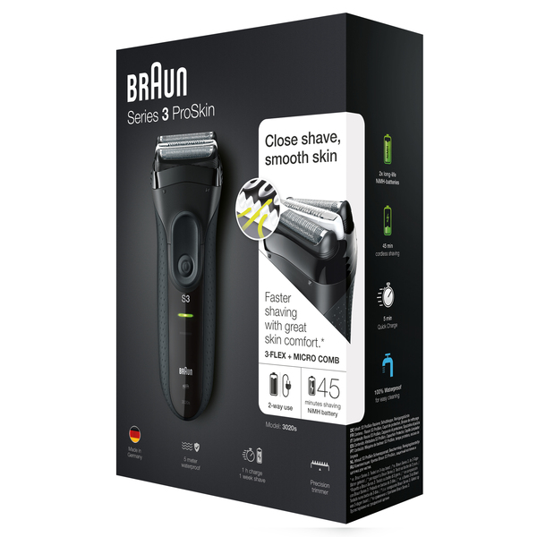 BRAUN PARRANAJOKONE 3020s ProSkin SERIES-3 Maailman myydyin partakonesarja. Uusi suorituskykyisempi ajop&auml;&auml; MICROCOMB! Tyylik&auml;s muotoilu pit&auml;v&auml;ll&auml; k&auml;densijalla,