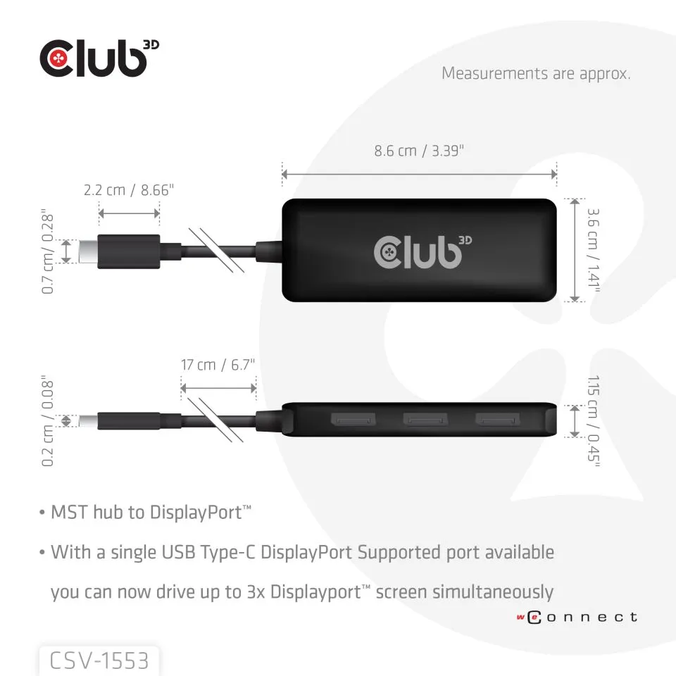 Club 3D USB-C - 3x Displayport 2.1 MST 4K60Hz - adapter, Svart