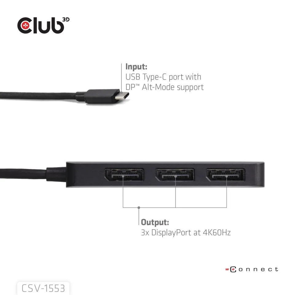 Club 3D USB-C - 3x Displayport 2.1 MST 4K60Hz - adapter, Svart