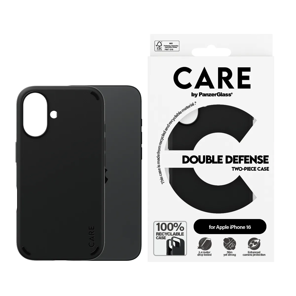 Care by PanzerGlass iPhone 16 Double Defense -fodral, Svart
