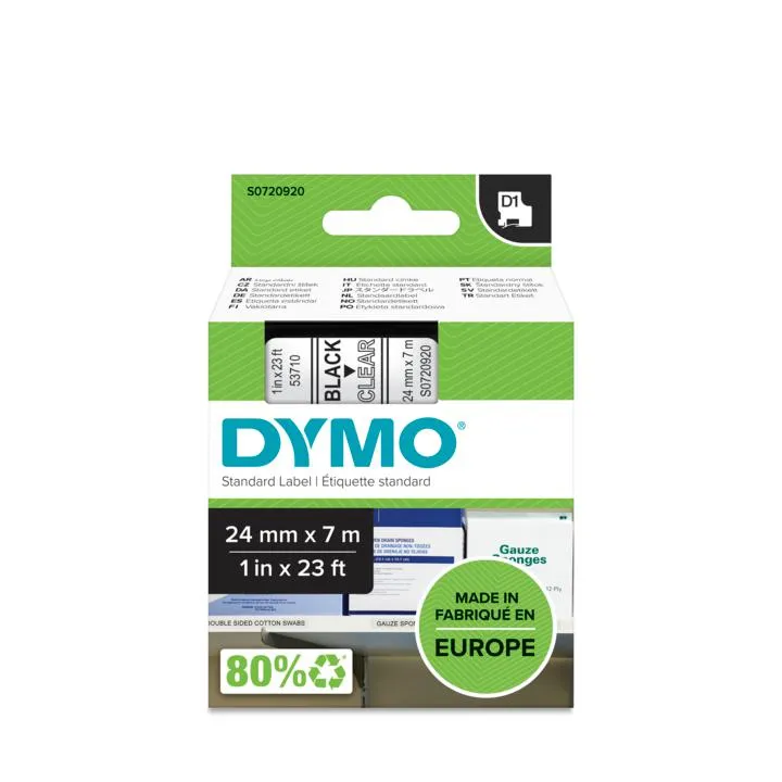 DYMO D1 merkkausteippi, 24mm, läpinäkyvä/musta teksti, 7m - 53710 DYMO D1 merkkausteippi, 24mm, läpinäkyvä/musta teksti, 7m - 53710