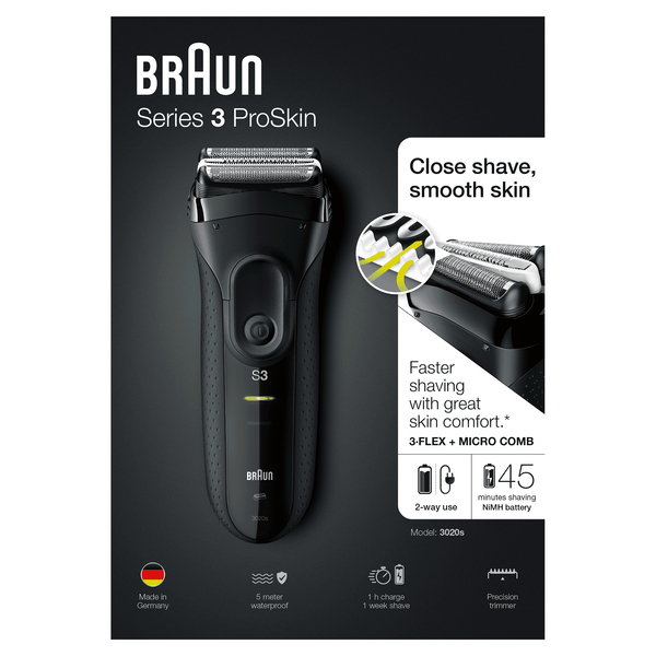 BRAUN PARRANAJOKONE 3020s ProSkin SERIES-3 Maailman myydyin partakonesarja. Uusi suorituskykyisempi ajop&auml;&auml; MICROCOMB! Tyylik&auml;s muotoilu pit&auml;v&auml;ll&auml; k&auml;densijalla,