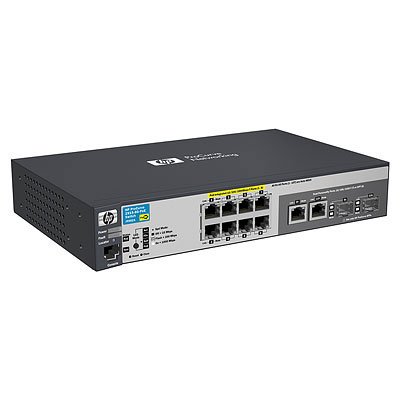 HPE 2915-8G PoE Switch -  10 x 10/100/1000T porttia joista 2 kpl 1000T/minigbic Comboja SNMP-hallittava (PoE Budjetti 67W). Ulkoinen virtal&auml;hde ja &auml;&auml;neton toimi