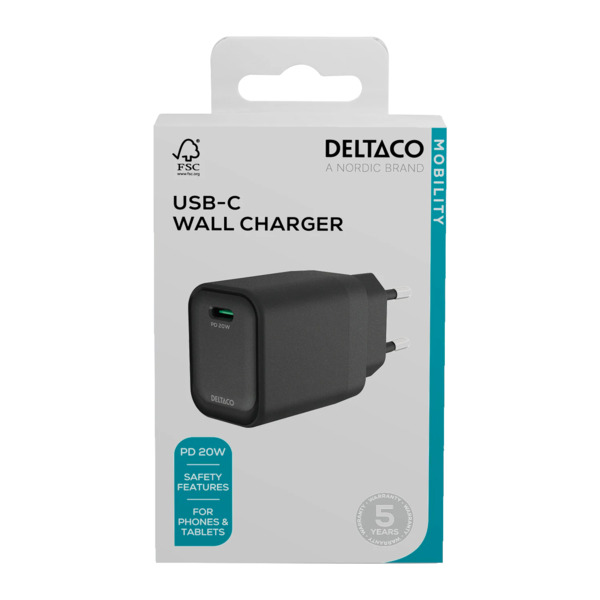 Deltaco 1x USB-C PD 20W USB - laddare, svart