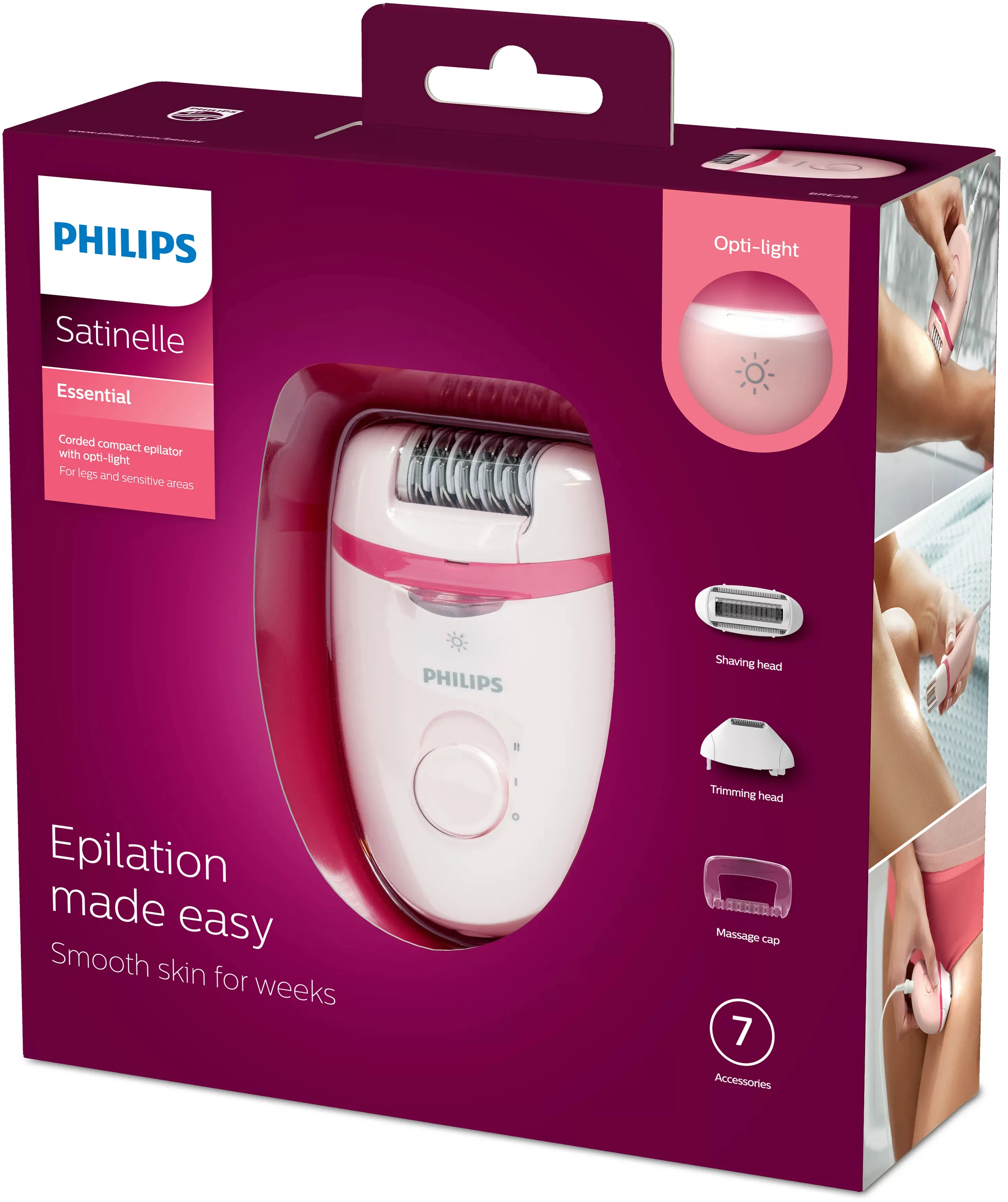 Philips Satinelle Essential BRE285/00 tv&auml;ttbar epilator, rosa