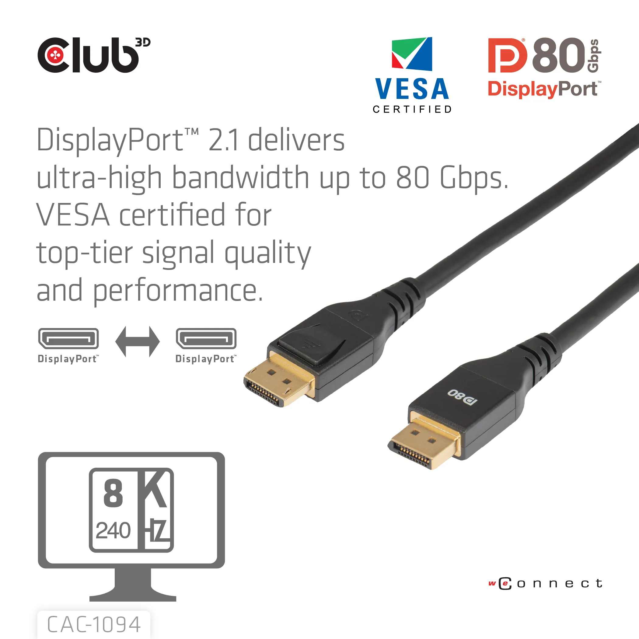 Club 3D DisplayPort 2.1 cable, HDR, 240 Hz, Braided, 2 m, Black