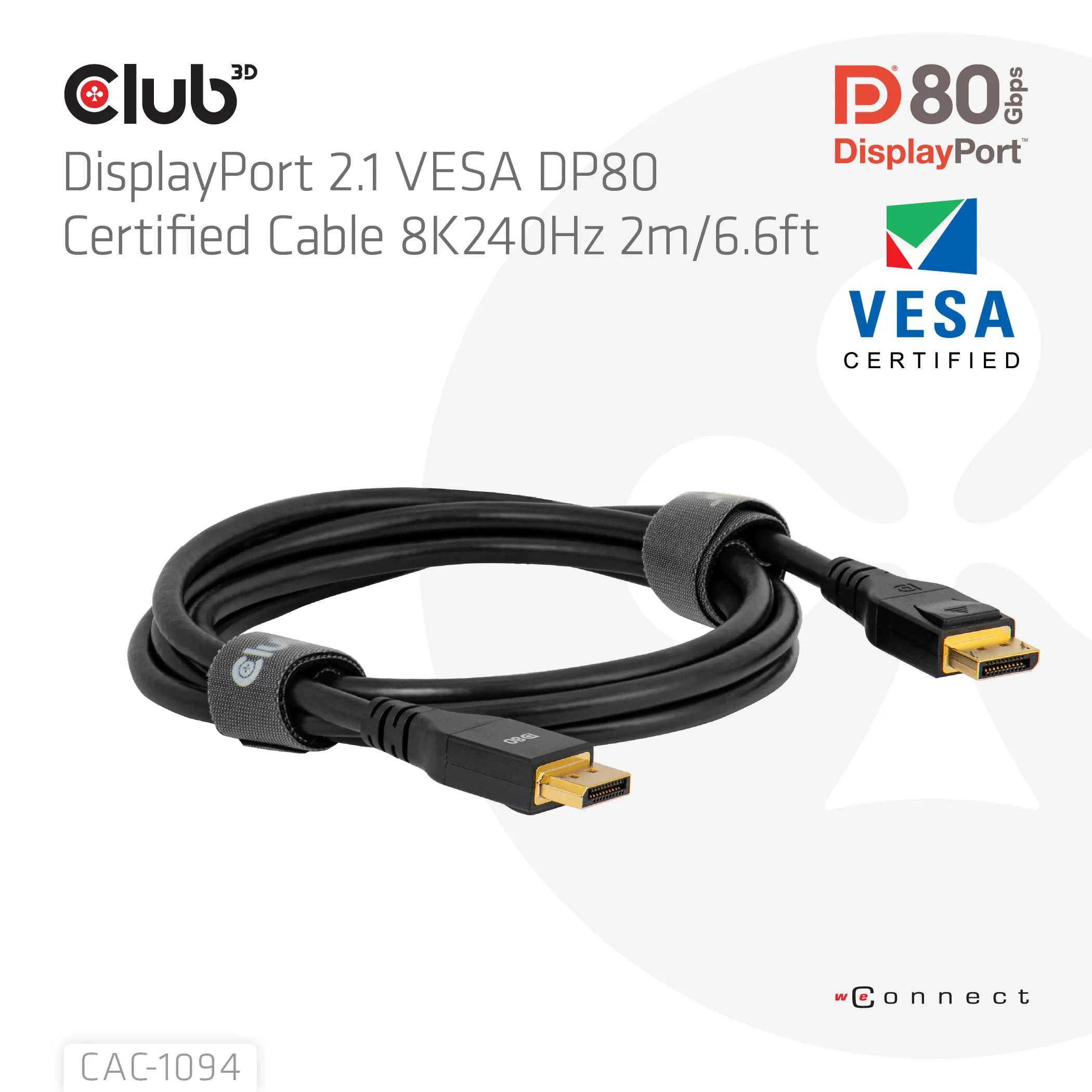 Club 3D DisplayPort 2.1 cable, HDR, 240 Hz, Braided, 2 m, Black