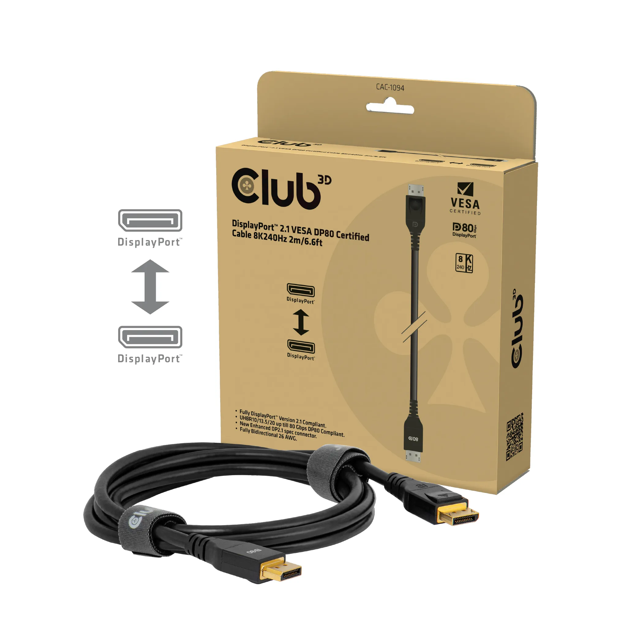 Club 3D DisplayPort 2.1 cable, HDR, 240 Hz, Braided, 2 m, Black