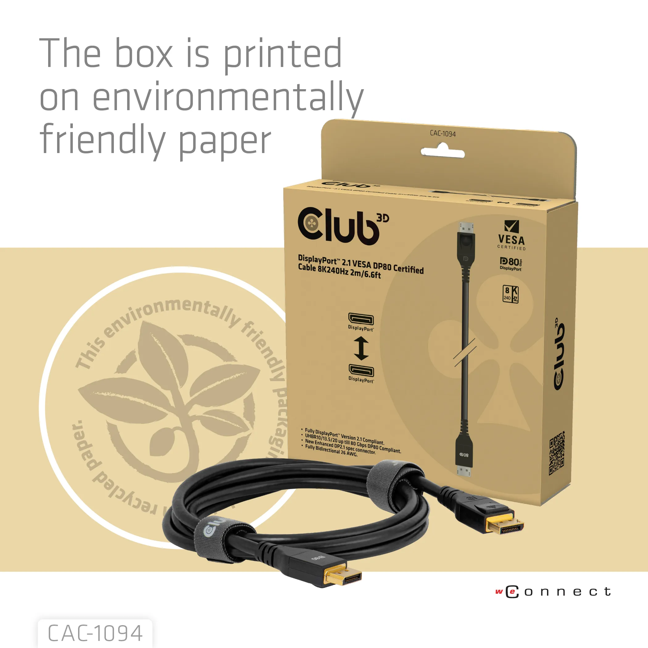 Club 3D DisplayPort 2.1 cable, HDR, 240 Hz, Braided, 2 m, Black