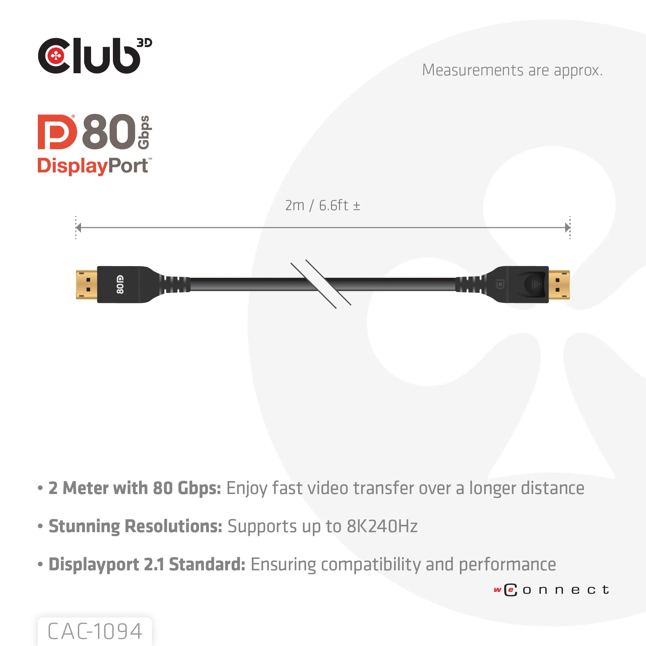 Club 3D DisplayPort 2.1 cable, HDR, 240 Hz, Braided, 2 m, Black