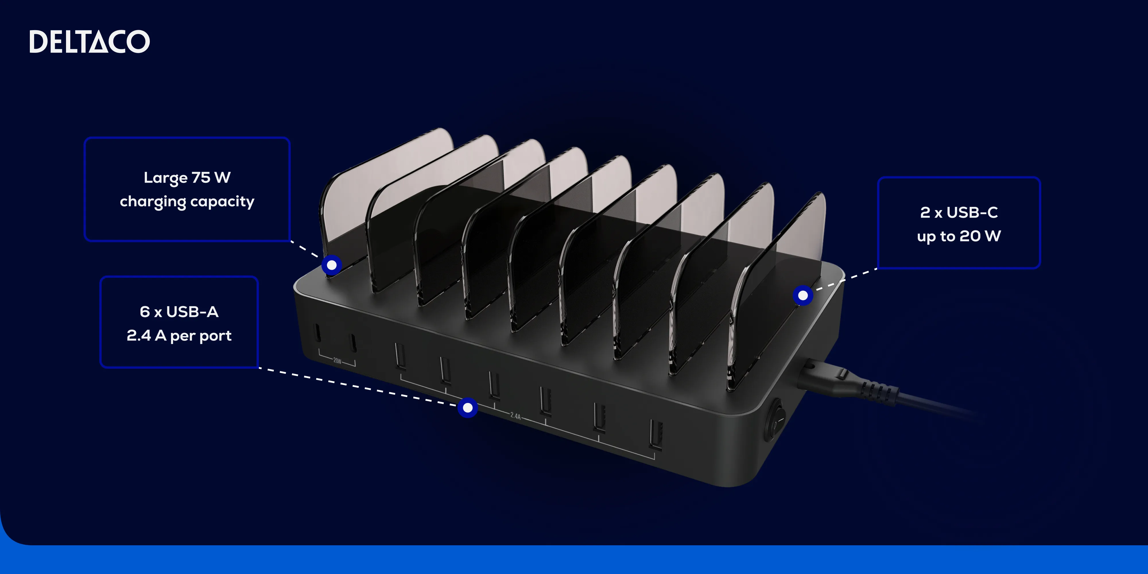 DELTACO USB Charging station 6 USB-A, 2 USB-C PD 75W