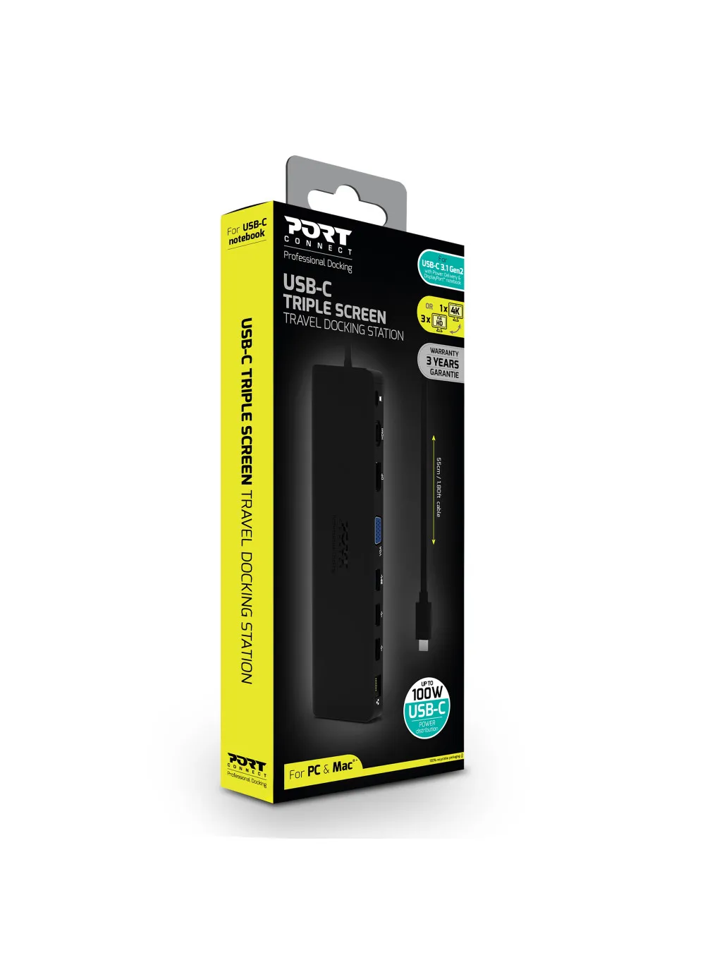 Port Designs USB-C Triple Screen Travel Docking Station, 100W PD