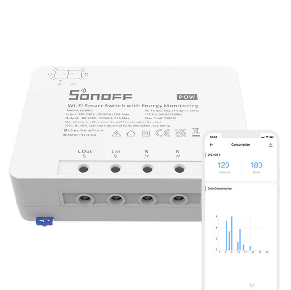 SONOFF POWR3 25A 5500W - Wi-Fi smart switch with power monitoring, White