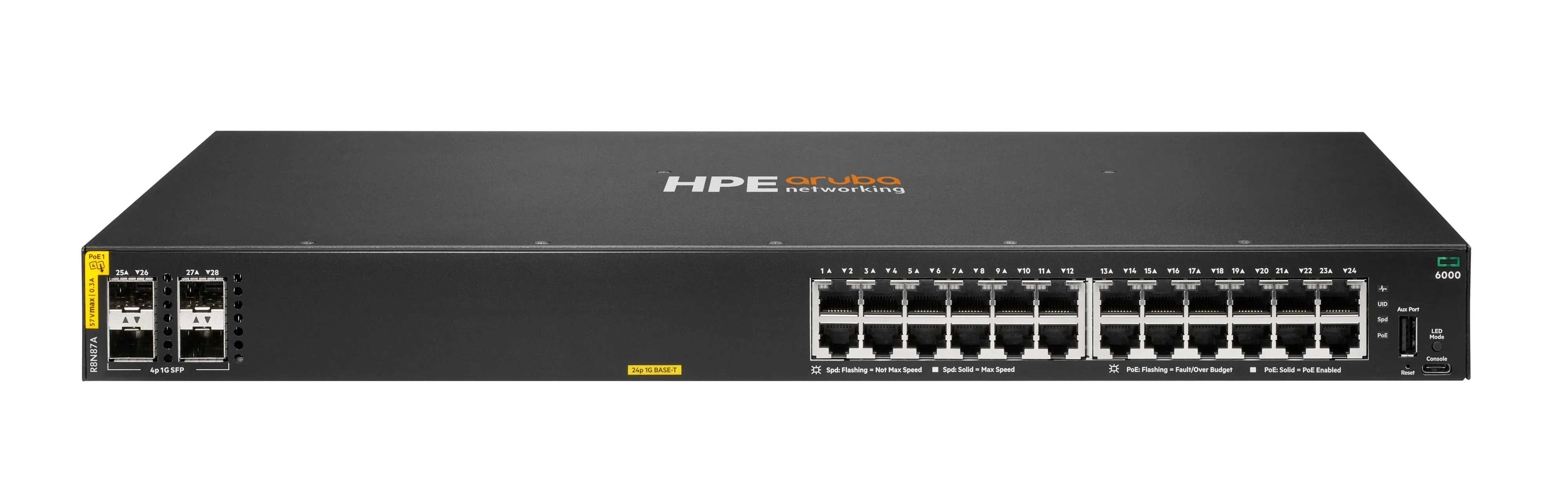 HPE Aruba 6000 24G Class4 PoE 4SFP 370W Switch - Kytkin - Hallinnoitu - 24 x 10/100/1000 (PoE+) + 4 x Gigabit SFP - sivusta sivuun ilmavirtaus - r&auml;kkiin asennet