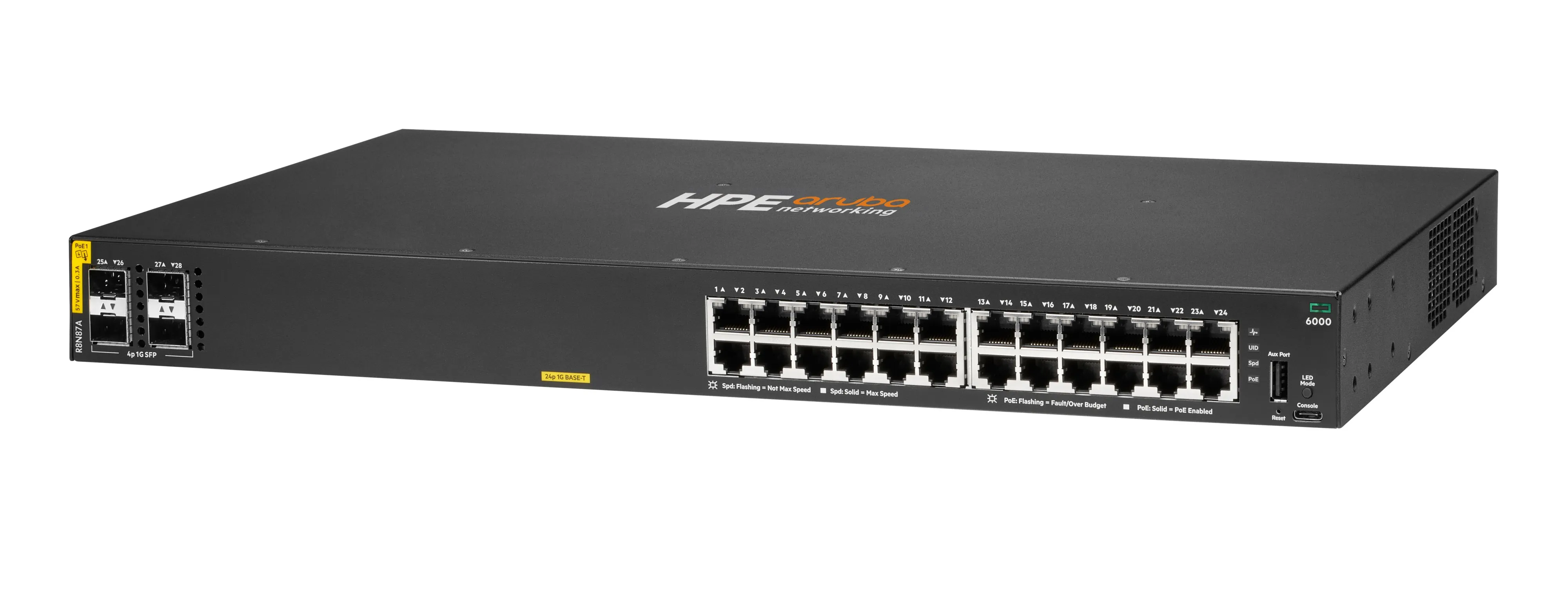 HPE Aruba 6000 24G Class4 PoE 4SFP 370W Switch - Kytkin - Hallinnoitu - 24 x 10/100/1000 (PoE+) + 4 x Gigabit SFP - sivusta sivuun ilmavirtaus - r&auml;kkiin asennet