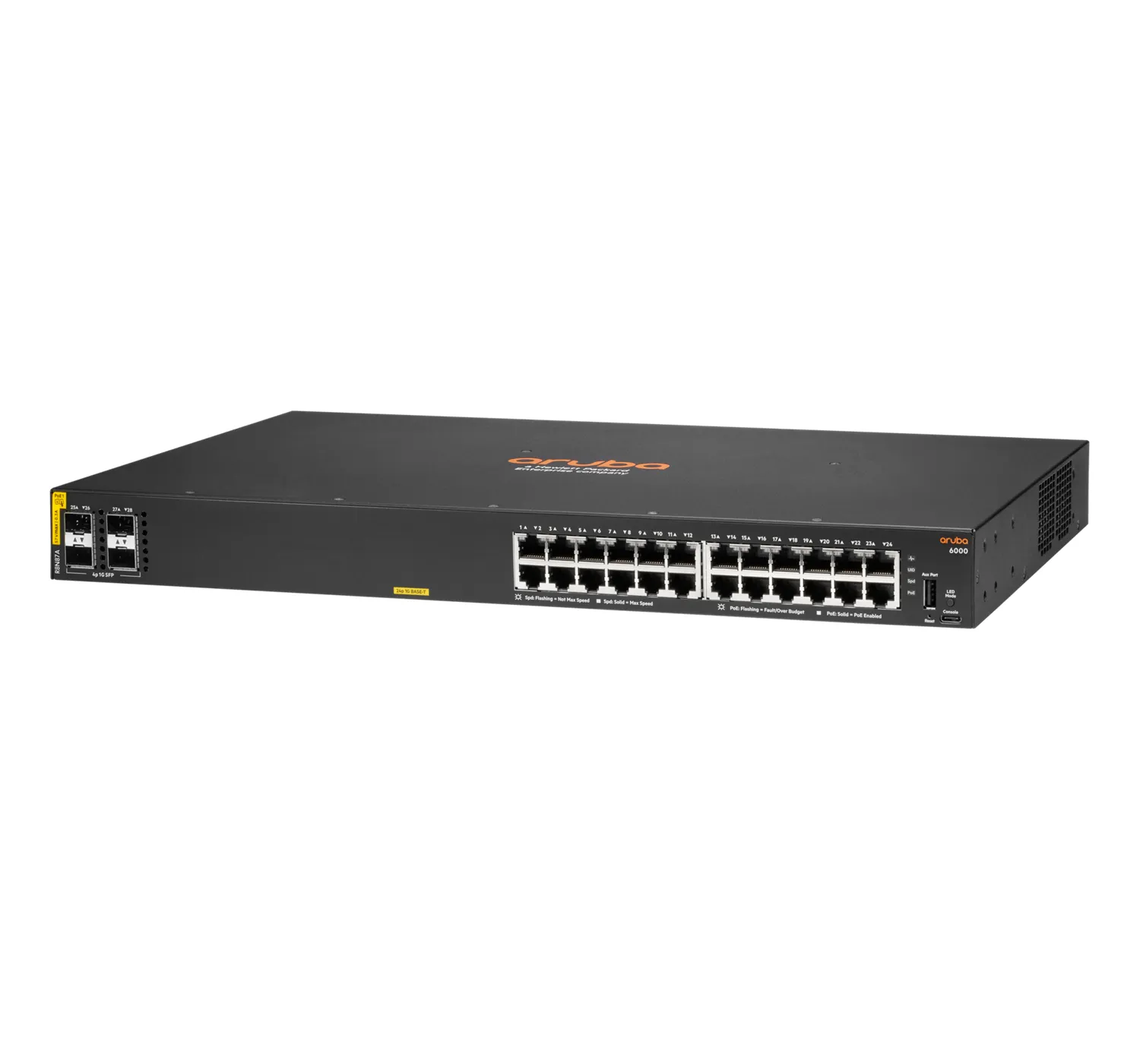 HPE Aruba 6000 24G Class4 PoE 4SFP 370W Switch - Kytkin - Hallinnoitu - 24 x 10/100/1000 (PoE+) + 4 x Gigabit SFP - sivusta sivuun ilmavirtaus - r&auml;kkiin asennet