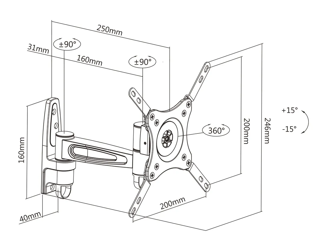 Multibrackets M VESA Flexarm 360 II - Wall mount tuotteelle LCD nestekiden&auml;ytt&ouml; / plasma TV - musta -n&auml;yt&ouml;n koko: 15"-40"