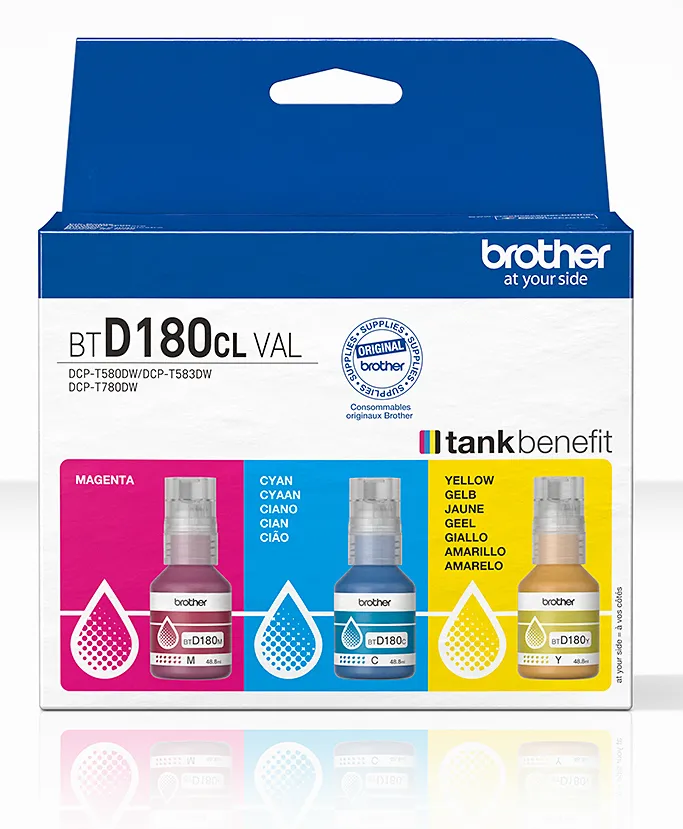 Brother BTD180CLVAL ink bottle kit, Cyan, Magenta, Yellow, 3 pcs