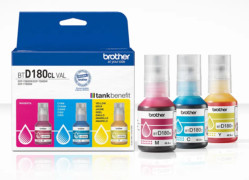 Brother BTD180CLVAL ink bottle kit, Cyan, Magenta, Yellow, 3 pcs