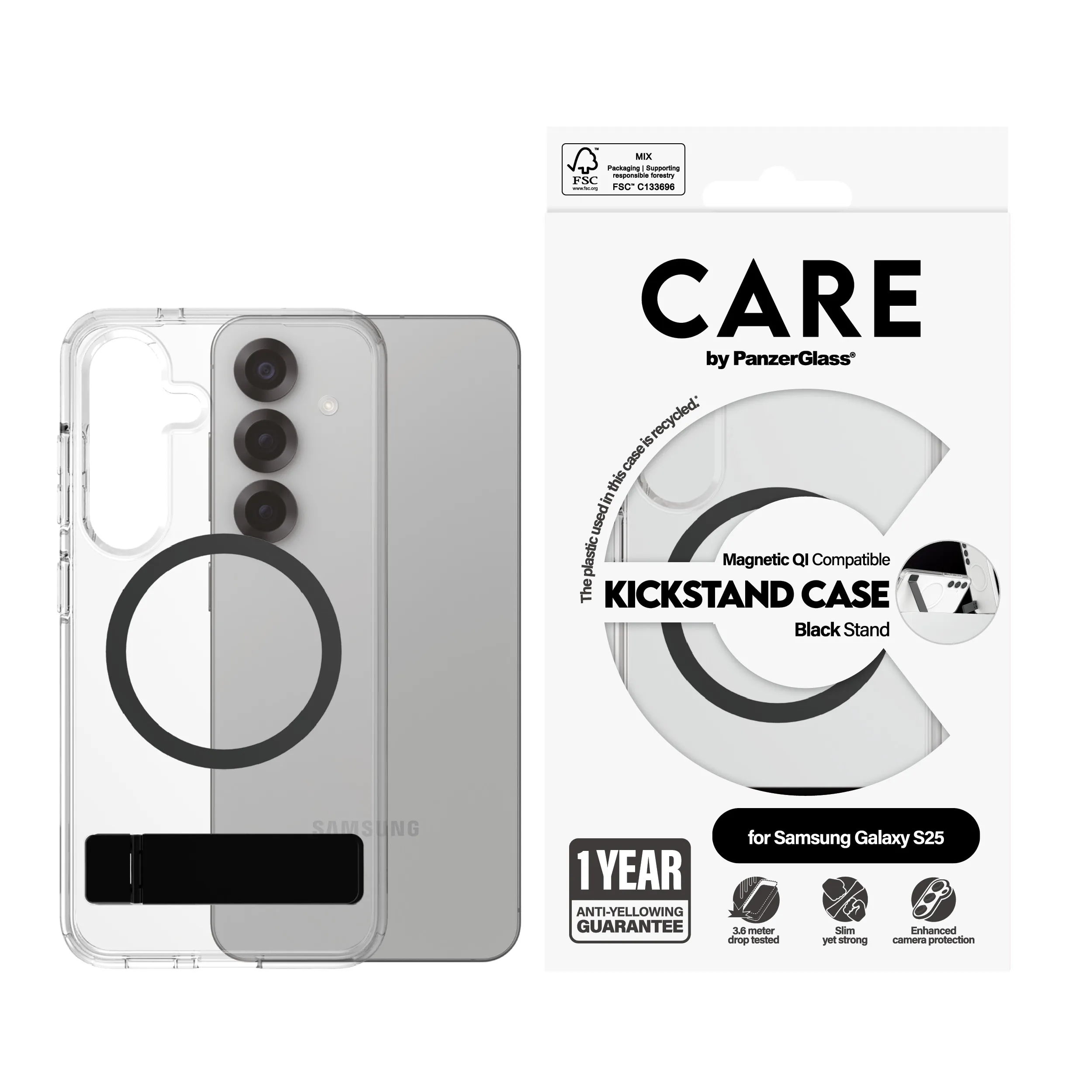 PanzerGlass Care Kickstand Case for Galaxy S25, Clear