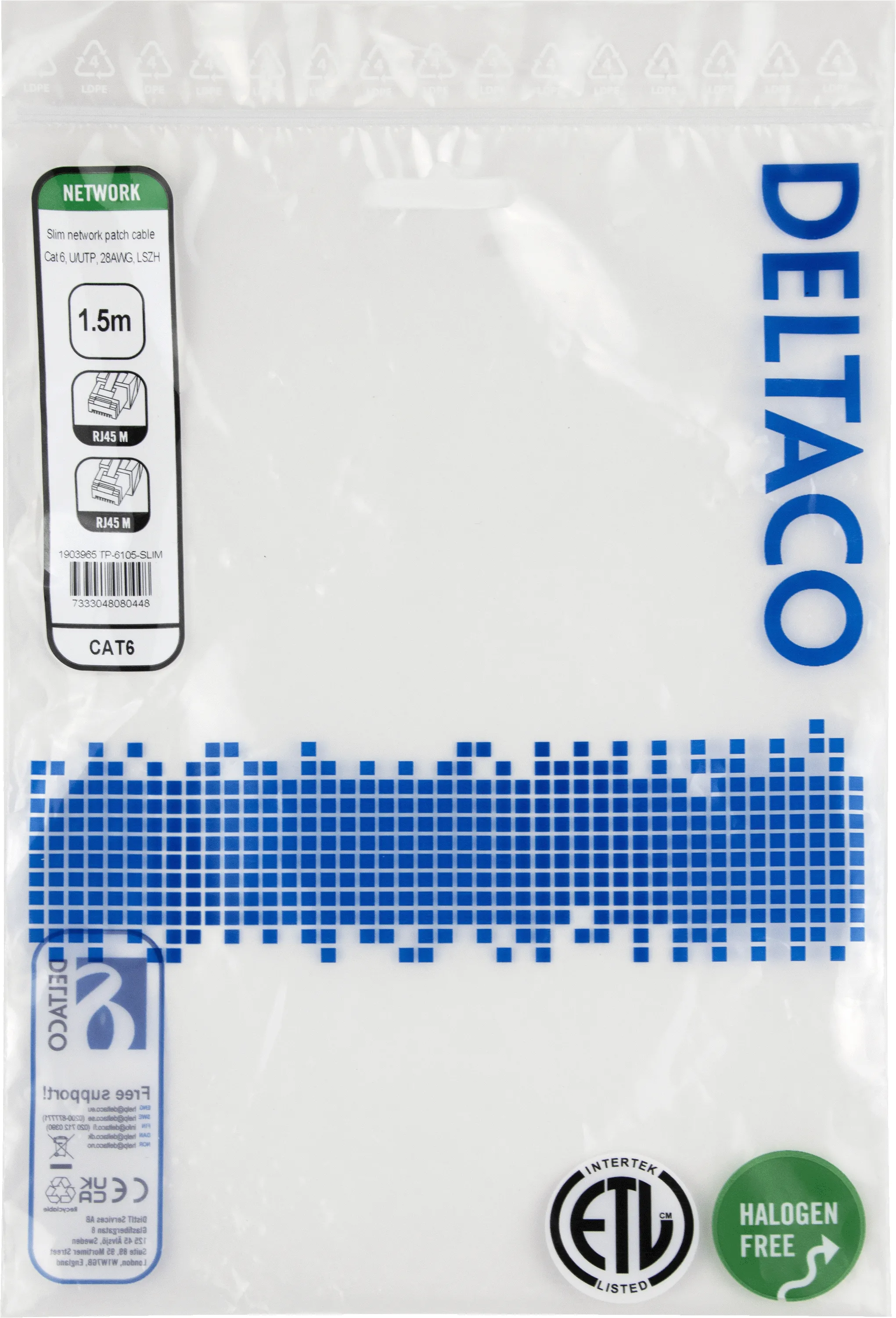 Deltaco Cat6 UTP RJ45 1.5m n&auml;tverkskabel, gr&aring;