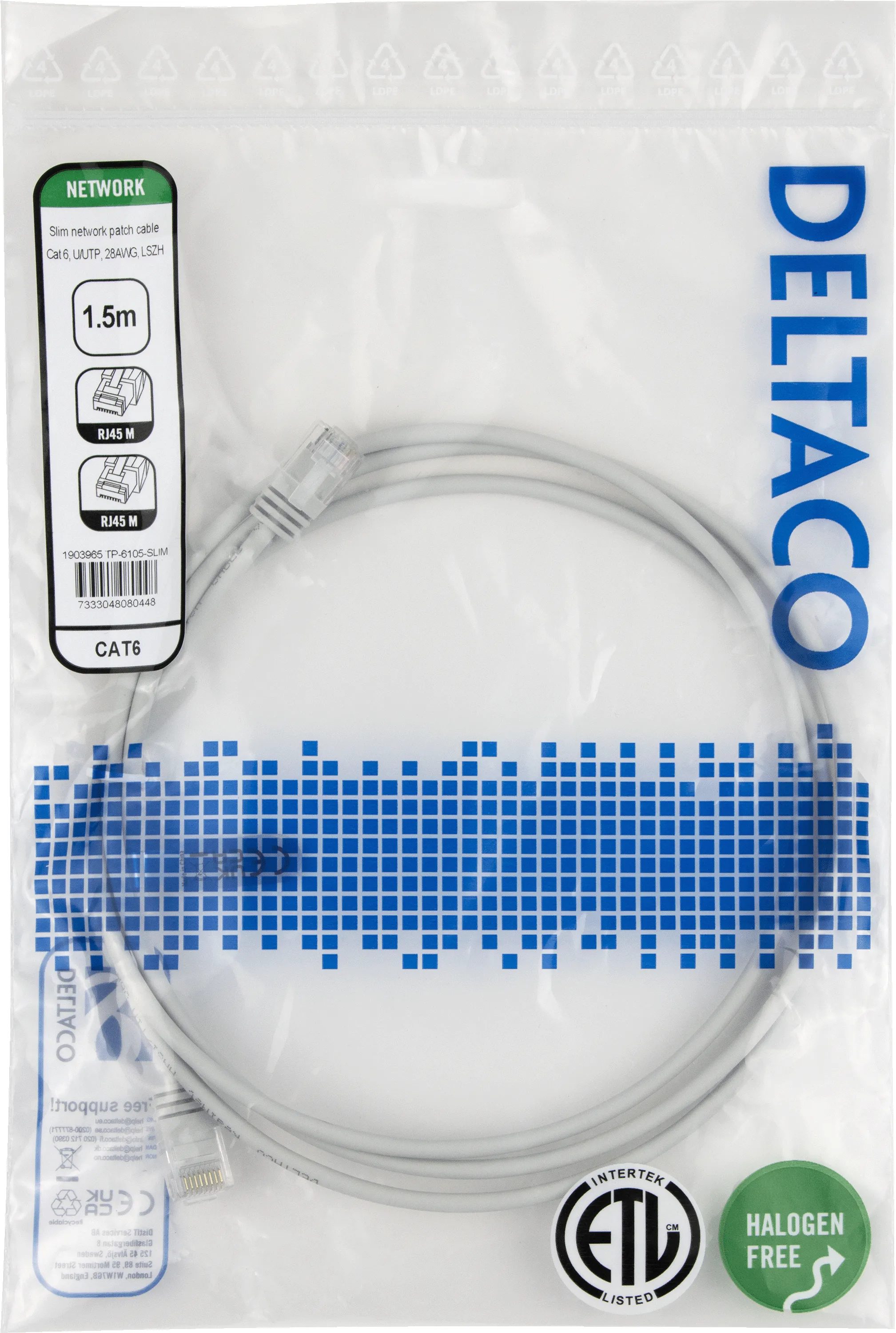Deltaco Cat6 UTP RJ45 1.5m n&auml;tverkskabel, gr&aring;